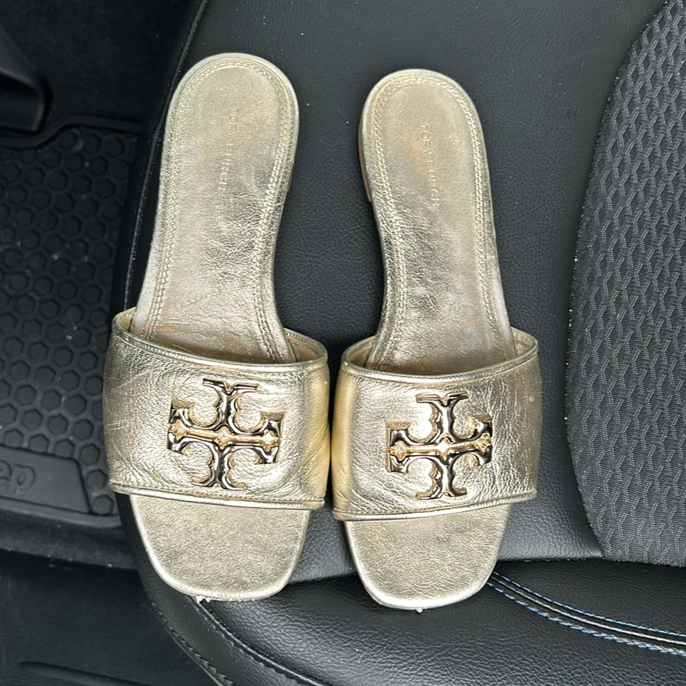 Tory Burch Gold Eleanor Slides Sandals Leather size 8